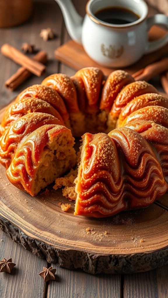 Golden-brown monkey bread on a wooden table, with pieces pulled apart, showcasing its gooey texture.